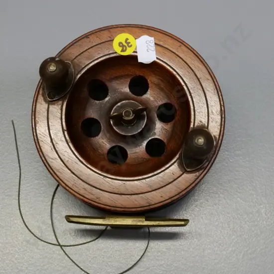 vintage wood and brass fly fishing reel - diameter 120