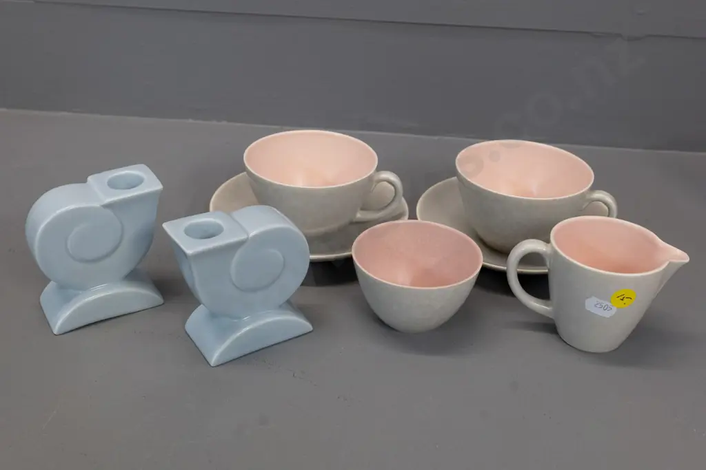 Poole items - pair blue deco style candlesticks H80 W80 and 2 cups & saucers, cream & sugar in grey and pink Image 1++