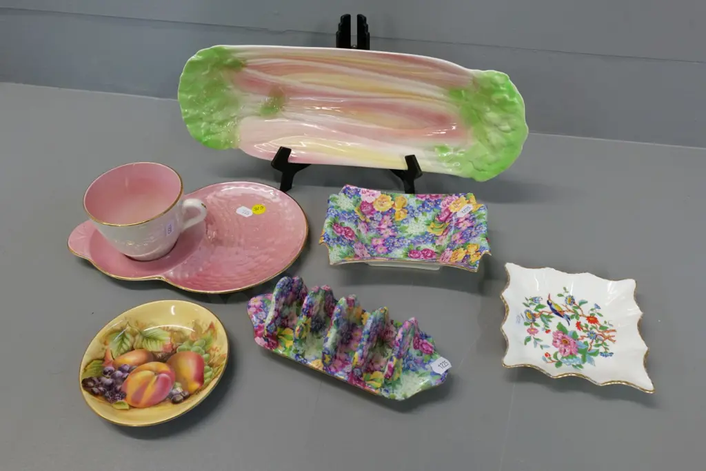 Engilsh china items - 2 Royal Winton Julia items & celery plate, Maling tennis set, 2 Aynsley pin dishes Image 1++
