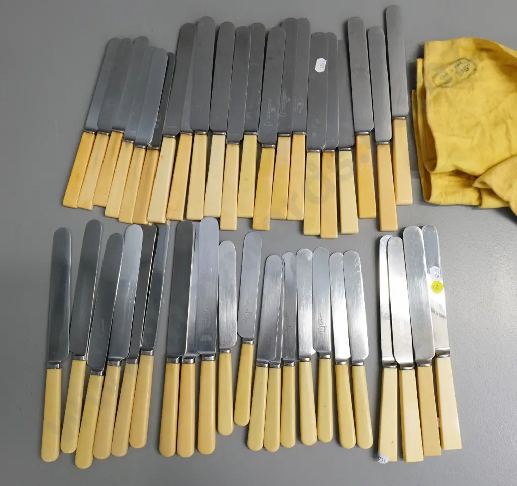 large assortment of bone handled knives - various marks include Walker & Hall, Harrods, etc. Image 1++