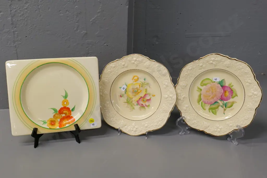 two Ducal hand-painted floral plates and a Royal Staffordshire Clarice Cliff Biarritz plate 200 x 230 Image 1++