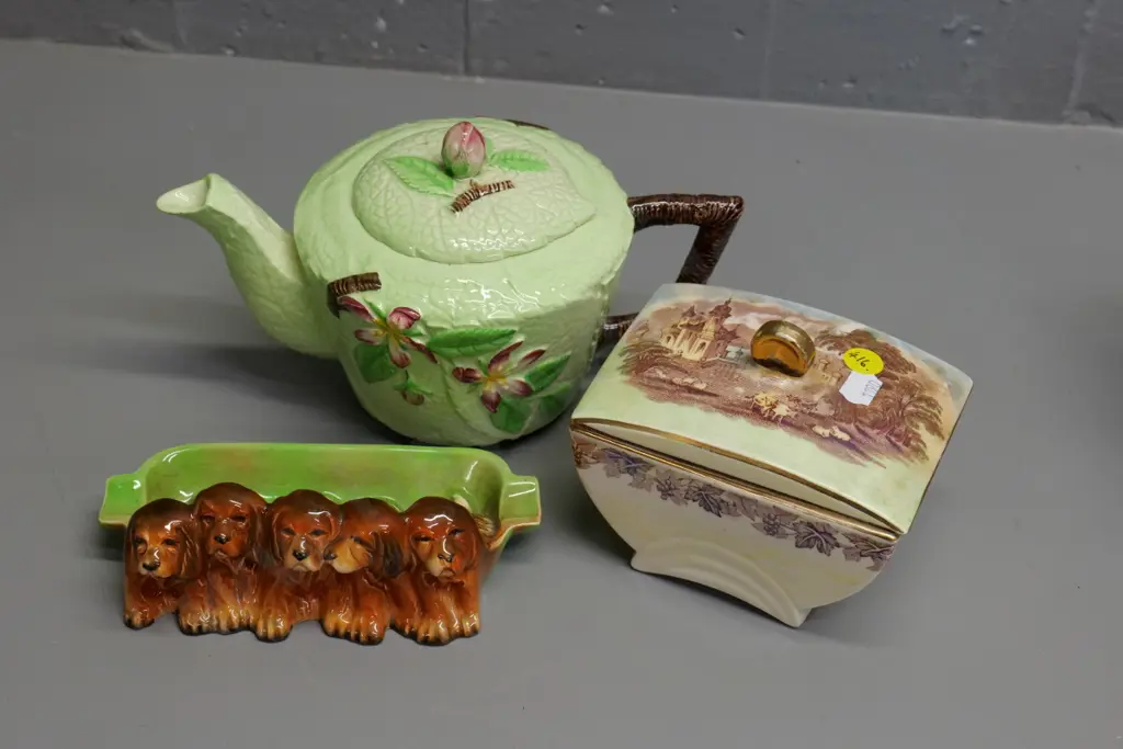 Carlton ware teapot W-215 at spout, Maling covered square dish, Beswick dog ashtray Image 1++