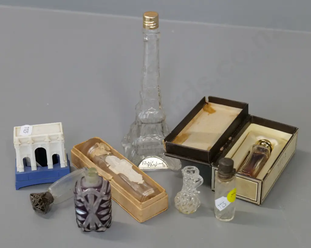 assorted vintage perfume bottles - including one small glass bottle w/ sterling cap Image 1++