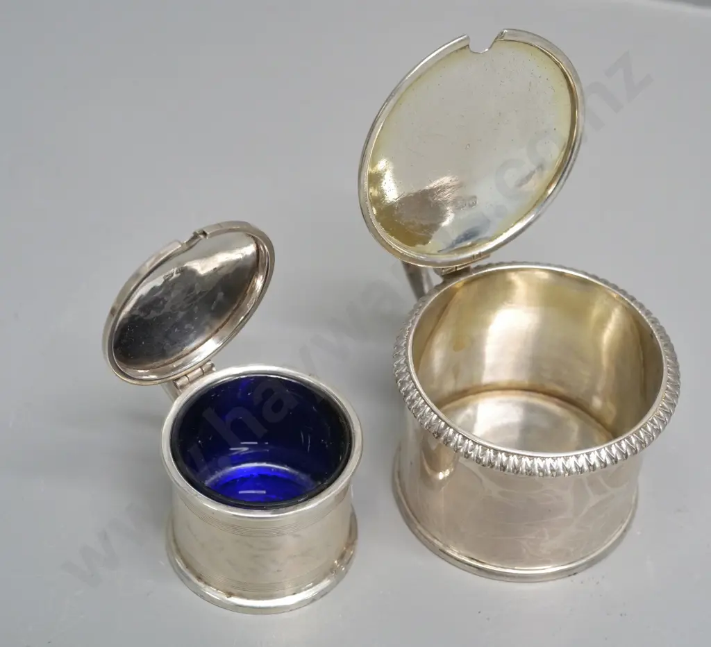 2 sterling silver condiments with hinged lids - salt or mustard pot with blue glass liner & a sugar bowl H70 D100 Image 1++
