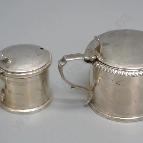 2 sterling silver condiments with hinged lids - salt or mustard pot with blue glass liner & a sugar bowl H70 D100