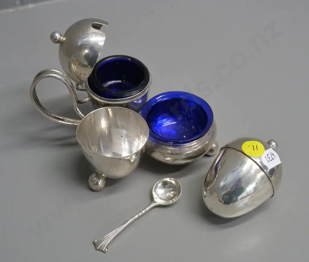 sterling silver condiment set on stand - salt, pepper and mustard pot with blue glass liner and spoon, stand is H70 W115 Image 1++