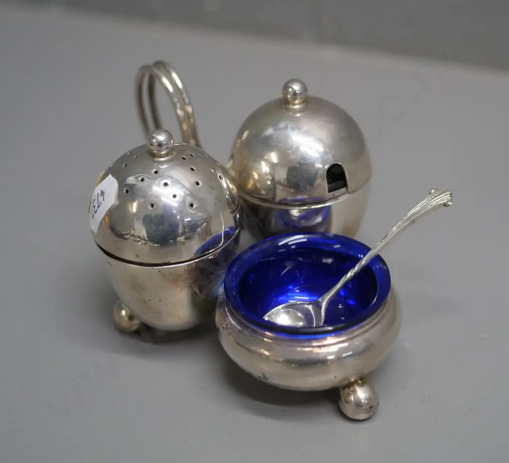 sterling silver condiment set on stand - salt, pepper and mustard pot with blue glass liner and spoon, stand is H70 W115 Image 1++