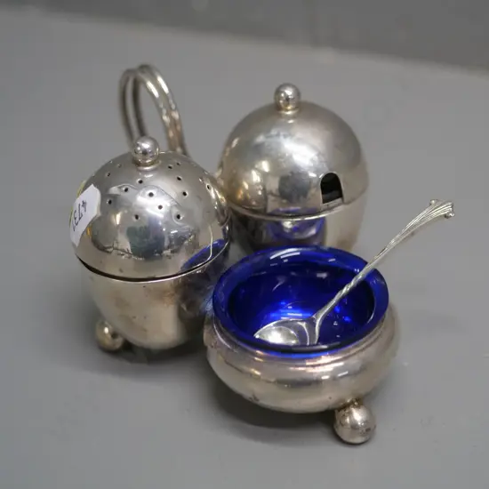 sterling silver condiment set on stand - salt, pepper and mustard pot with blue glass liner and spoon, stand is H70 W115