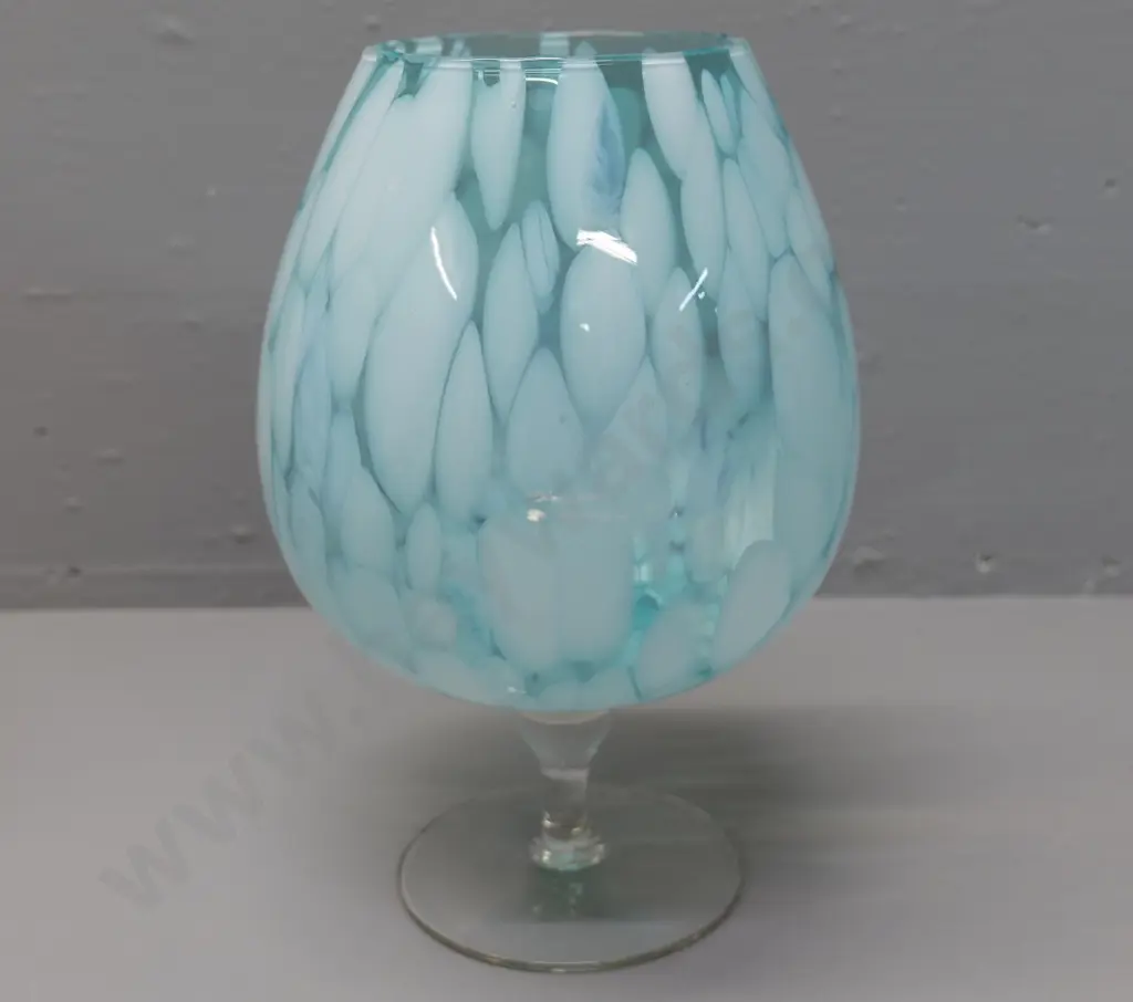 art glass goblet vase - stippled aqua blue and white, some bubbles in clear base H-300 D-200 Image 1++