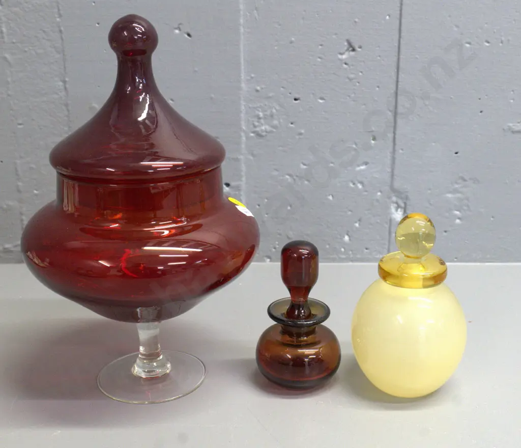 cranberry glass lidded bowl on clear stem H-260 D-150 and 2 small heavy glass stoppered bottles Image 1++