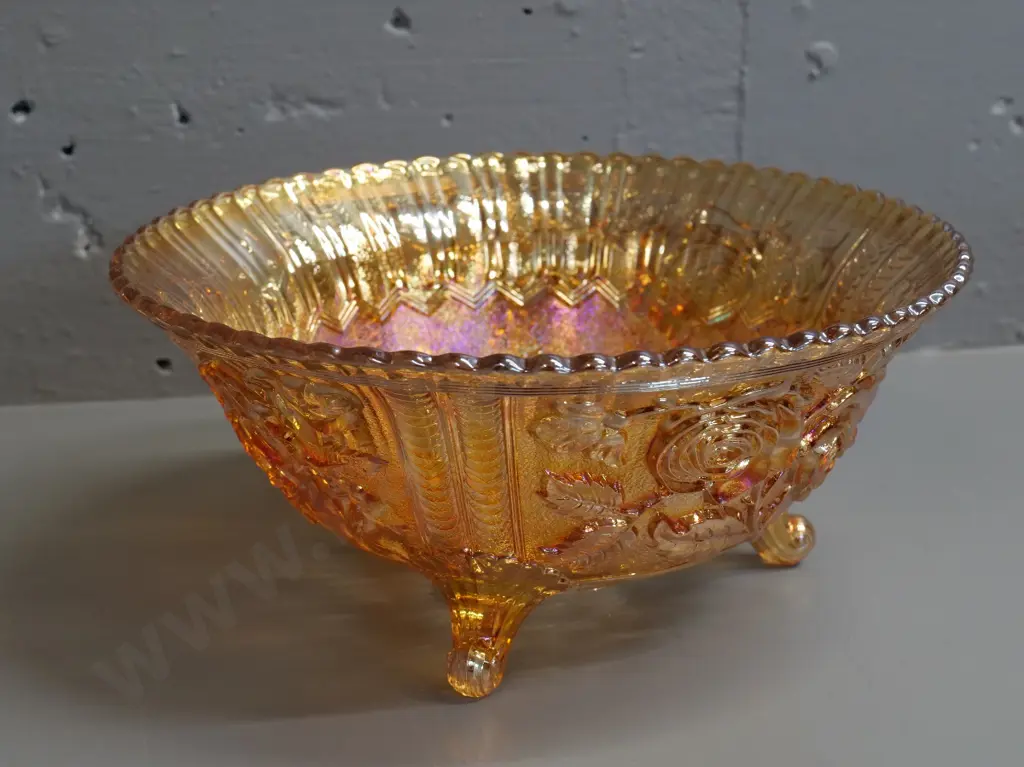 large marigold lustre carnival glass rose pattern footed fruit bowl H-115 D-265 Image 1++