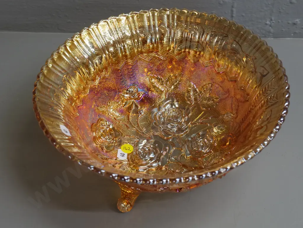 large marigold lustre carnival glass rose pattern footed fruit bowl H-115 D-265 Image 1++