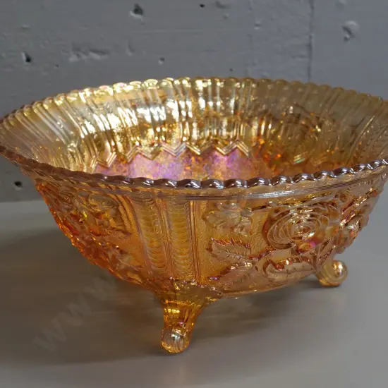 large marigold lustre carnival glass rose pattern footed fruit bowl H-115 D-265