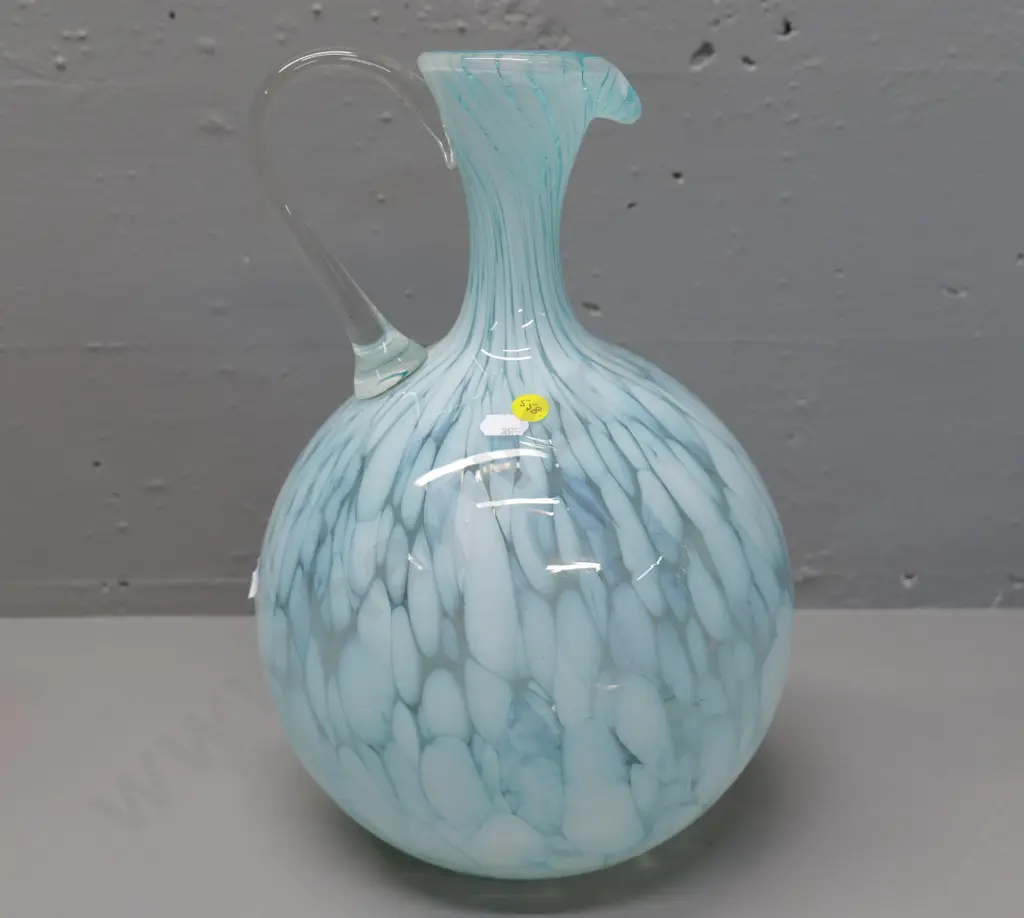 art glass ewer jug vase - stippled aqua blue and white H-330 D-240 Image 1++