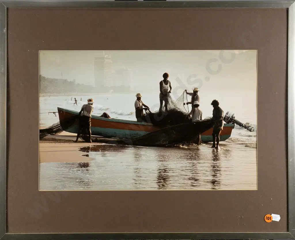 framed attrib Matheson Beaumont photograph - men in fishing boat (slight warping) H-240 W-380 Image 1++