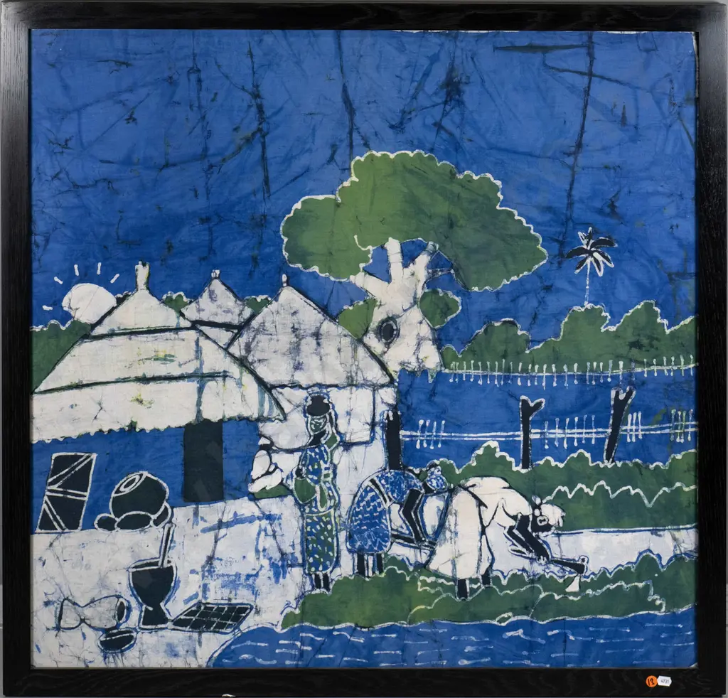 framed Gambian batique screen on fabric -village scene H-810 W-810 Image 1++