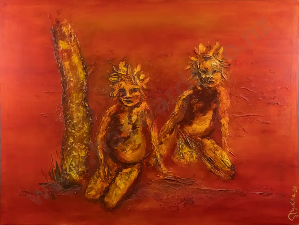 Illegible  Signature -oil on box canvas 2 seated people - H-900 W-1190 Image 1++