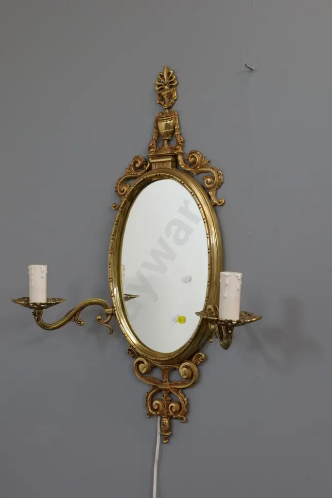 cast metal oval wall mirror with 2 sconce light fittings - untested H-690 W-500 Image 1++