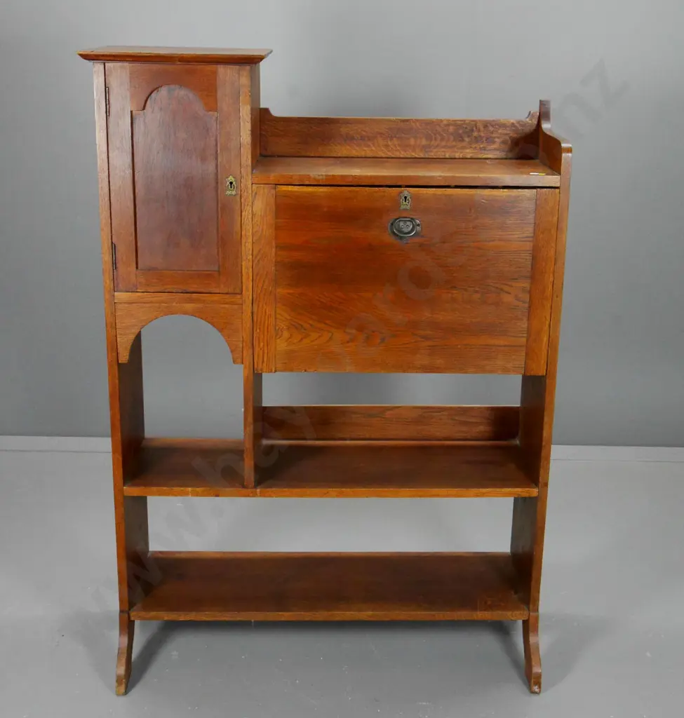 deco oak combination drop-front writing desk / bookcase / cupboard - writing flap catch not closing properly H1340 W950 Image 1++