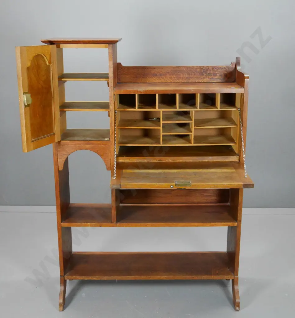 deco oak combination drop-front writing desk / bookcase / cupboard - writing flap catch not closing properly H1340 W950 Image 1++
