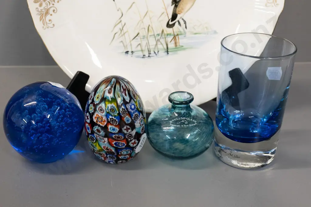 assorted NZ items - small Hoglund glass vase, Hoglund glass, Hokitika glass paperweight, Crown Lynn plate D235 etc. Image 1++