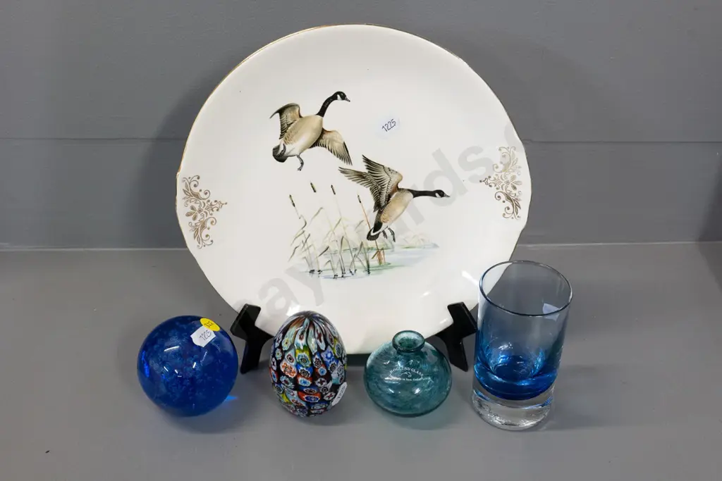 assorted NZ items - small Hoglund glass vase, Hoglund glass, Hokitika glass paperweight, Crown Lynn plate D235 etc. Image 1++