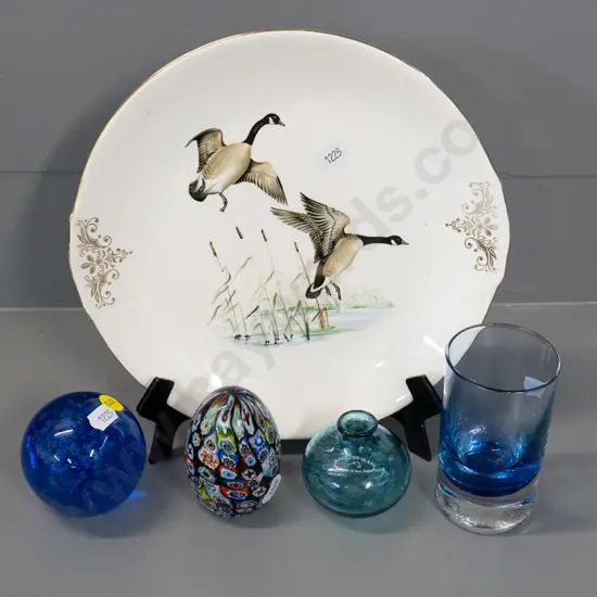 assorted NZ items - small Hoglund glass vase, Hoglund glass, Hokitika glass paperweight, Crown Lynn plate D235 etc.