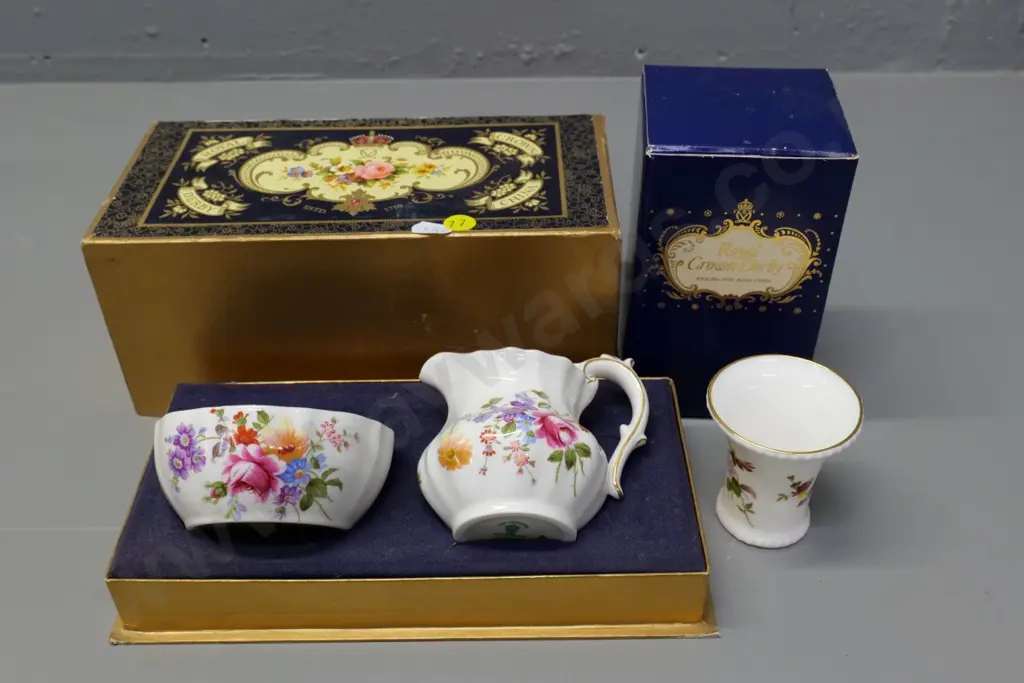 Royal Crown Derby Posies cream & sugar set and a vase, in original boxes Image 1++