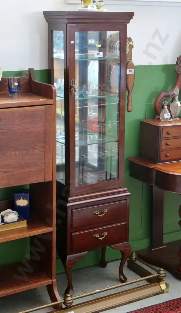 reproduction mahogany display cabinet with mirror back, 3 adjustable shelves, 2 drawers H1520 W420 D290 Image 1++