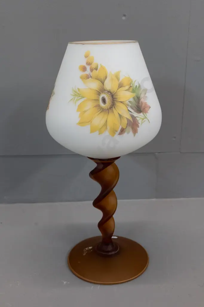 retro frosted glass goblet vase with amber twisted stem and floral motif on bowl H-350 D-160 Image 1++