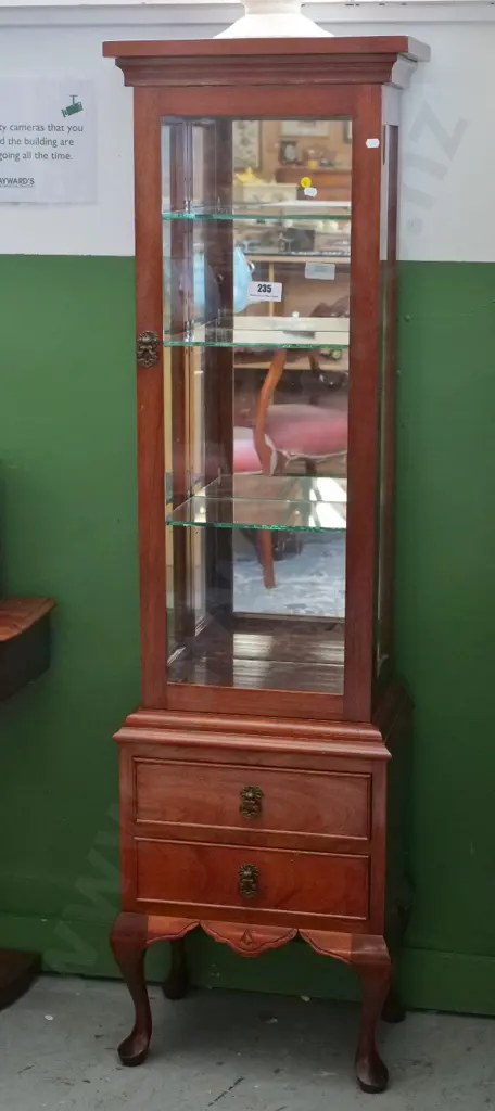 reproduction mahogany display cabinet with mirror back, 3 adjustable shelves, 2 drawers H1520 W420 D290 Image 1++