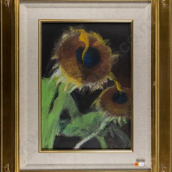 illegible signature 2001- framed pastel - sunflowers H-400 W-280