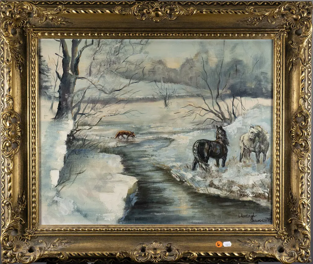 illegible signature - gilt framed oil - fox and horses by river H-390 W-490 Image 1++
