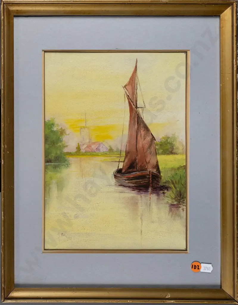 N Bailes - framed oil - boat on river H-260 W-190 Image 1++