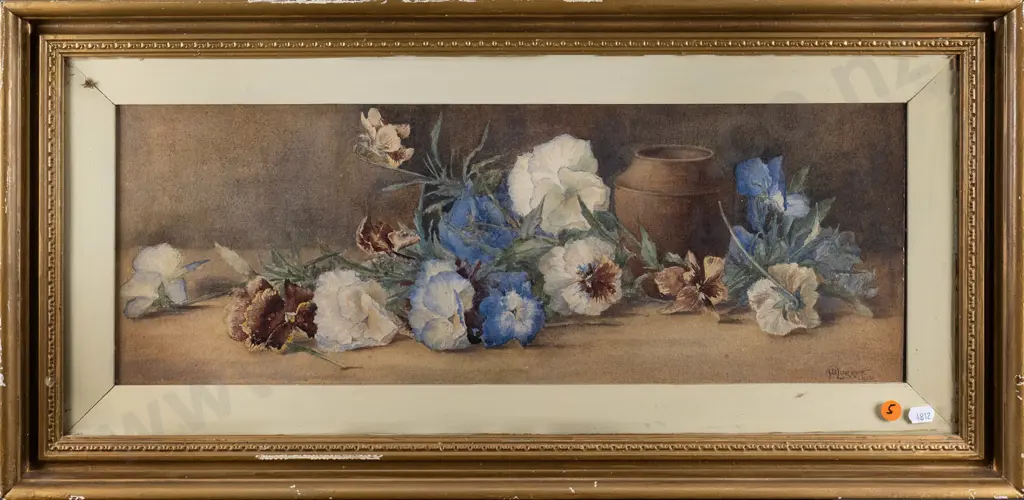 AD Leggett 1914 - gilt framed watercolour flowers and vase H-190 W-530 Image 1++
