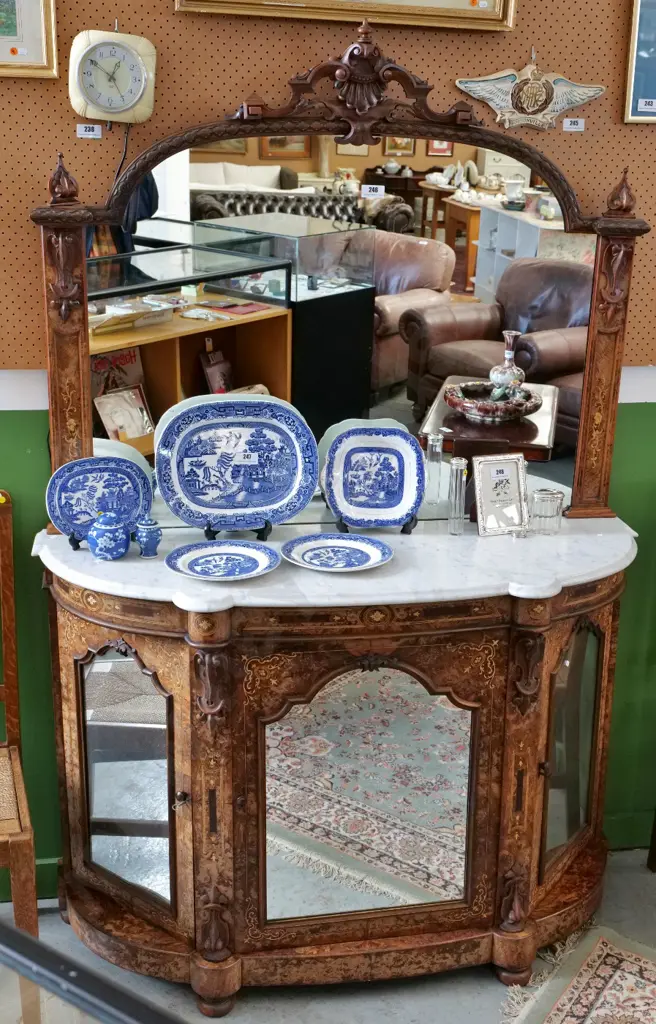 burr walnut inlaid marble top mirror back credenza with 3 mirrored doors H-1950 W-1380 D-520 Image 1++