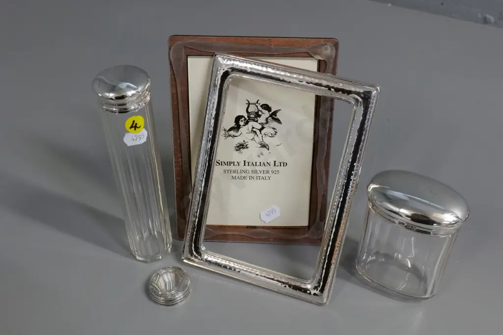 sterling topped glass dressing table containers and spare lid, restorer's picture frame (unglued) H190 W130 Image 1++