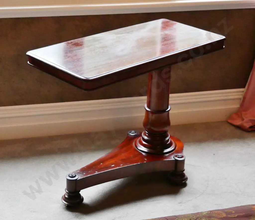 vintage adjustable mahogany reading table with column on platform base, on casters H-770 W-910 D-450 Image 1++