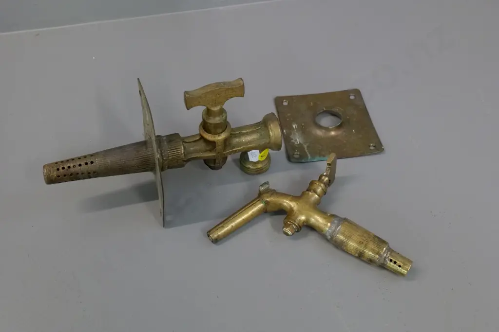 2 vintage cast brass taps - one w/ threaded faucet marked FS&T Loftus London, one with keg style faucet has had repair Image 1++