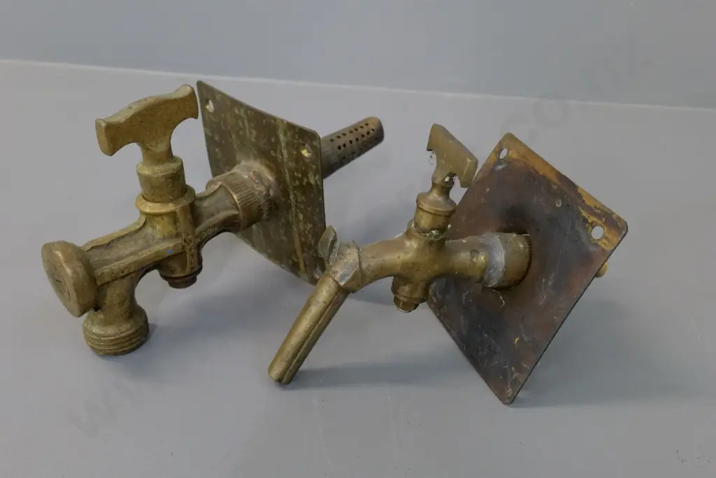 2 vintage cast brass taps - one w/ threaded faucet marked FS&T Loftus London, one with keg style faucet has had repair Image 1++
