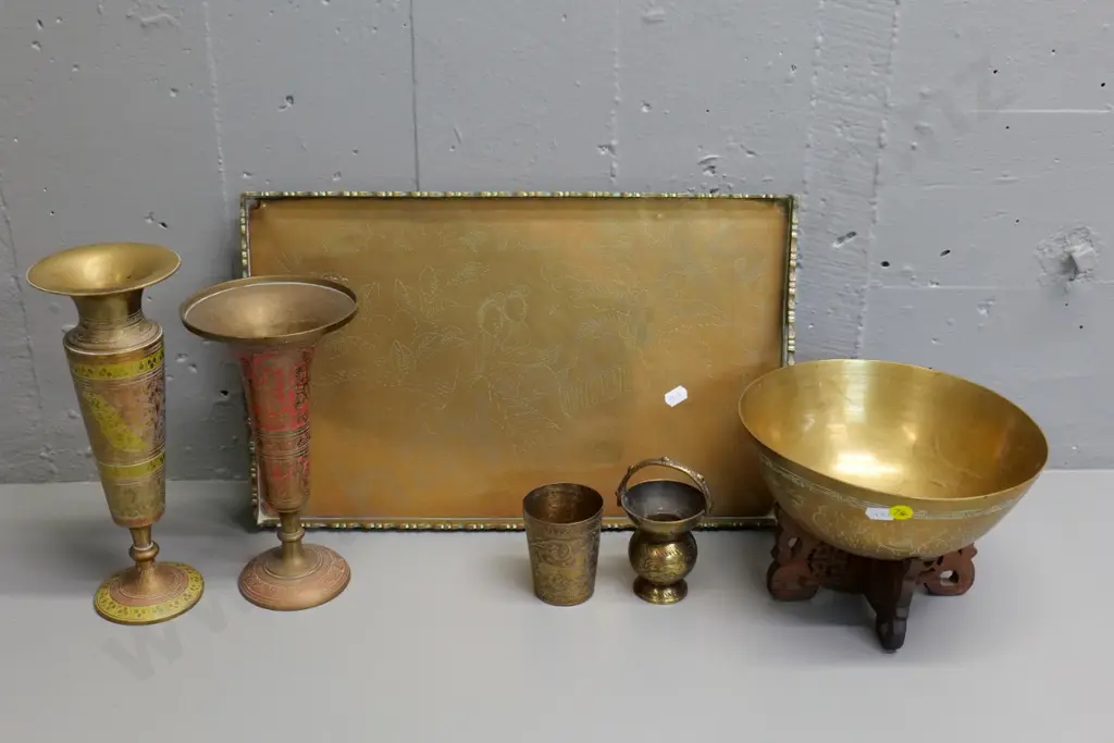 brass items - tray L-400 W-250, bowl on wooden stand, beaker and 3 vases Image 1++