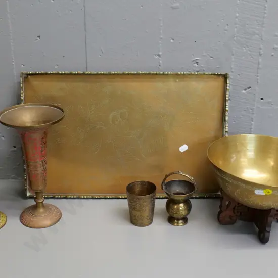 brass items - tray L-400 W-250, bowl on wooden stand, beaker and 3 vases
