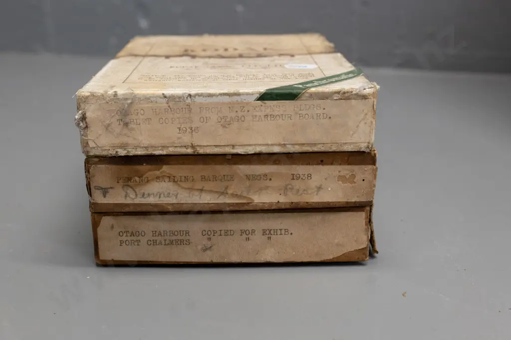 EA Philips studio? 3 boxes glass plate negatives: Winton, picnickers, box labelled Otago Harbour copy photos etc Image 1++