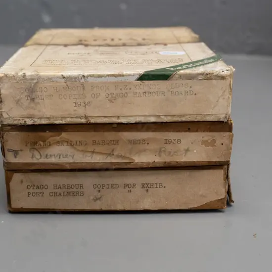 EA Philips studio? 3 boxes glass plate negatives: Winton, picnickers, box labelled Otago Harbour copy photos etc