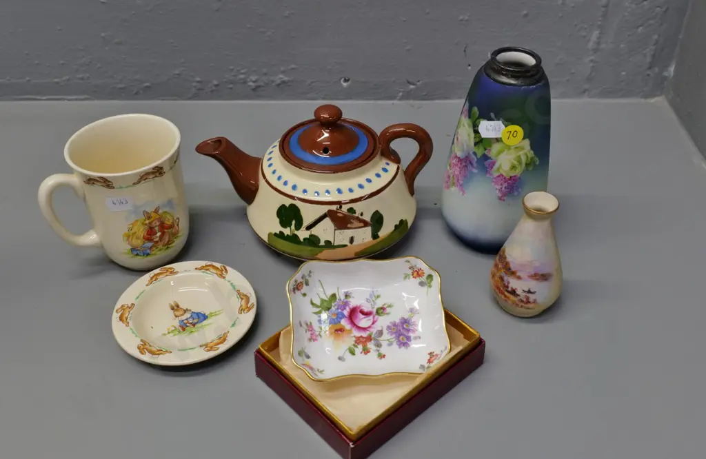 assorted English china - hand painted Worcester vase, Torquay teapot, 2 Bunnykins items, sterling topped vase, etc Image 1++