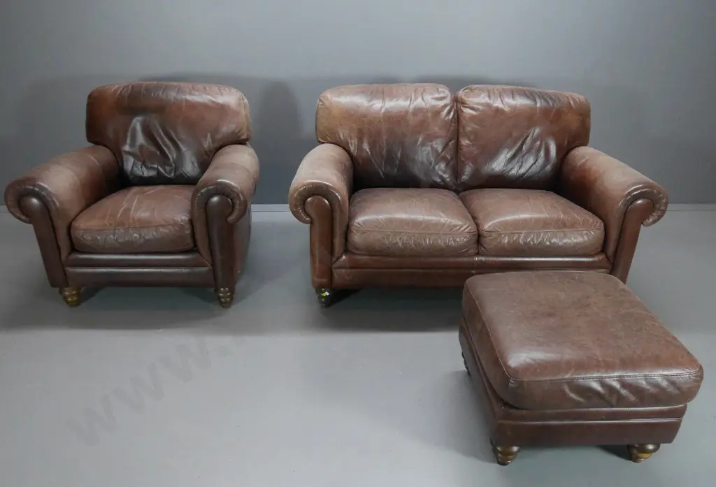 Natuzzi antiqued finish brown leather lounge suite with 2-seater H900 W1680 D1020, armchair & foot-stool - some fading Image 1++