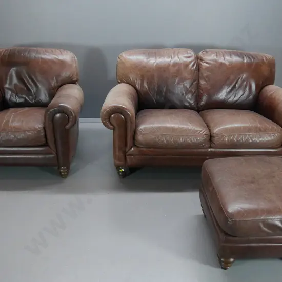 Natuzzi antiqued finish brown leather lounge suite with 2-seater H900 W1680 D1020, armchair & foot-stool - some fading