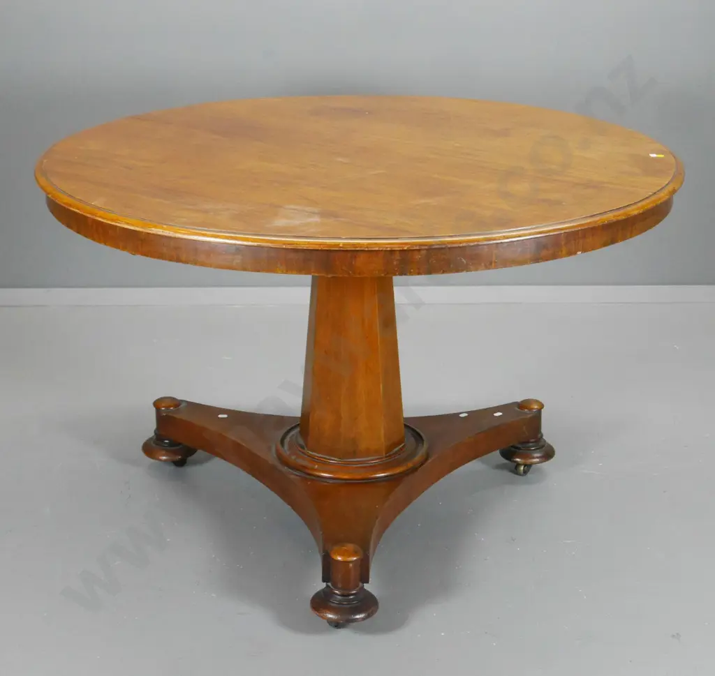 vintage mahogany round loo table - faceted column tripod base, bun feet, polish needs attention H760 D1120 Image 1++