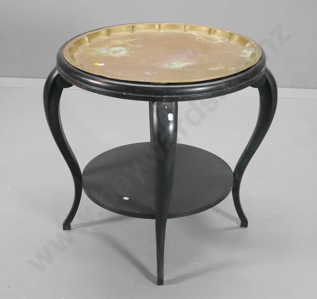 vintage occasional table  (ex Mayfair Theatre) w/lift-out brass tray, bottom shelf, legs a bit wobbly H540 D600 Image 1++
