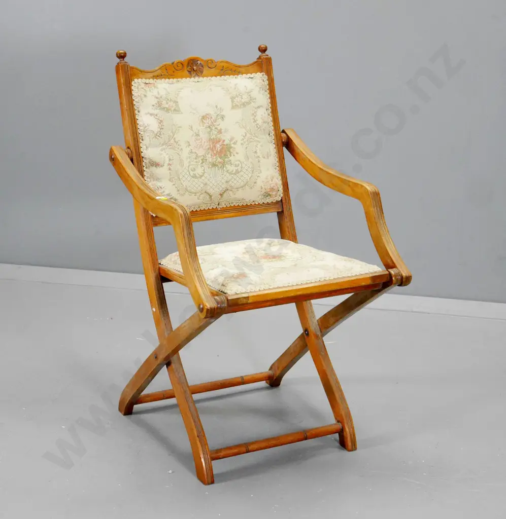 vintage folding chair with carved top rail, with loose cushion, some fading to floral tapestry H-840 W-470 D-530 Image 1++